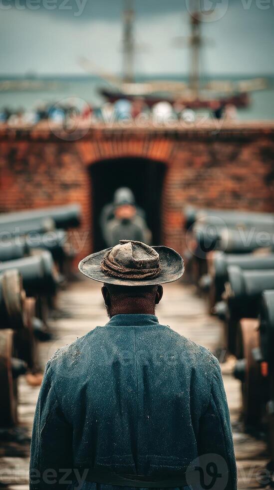 Historic reenactment at a fort with cannons and maritime background on a cloudy day photo