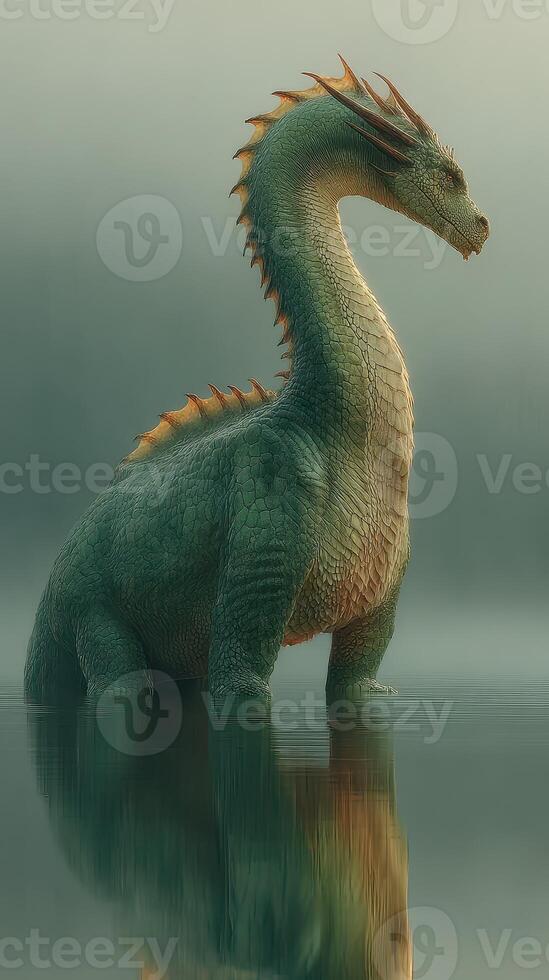 Serene dragon emerges from misty water at dawn in a tranquil landscape photo