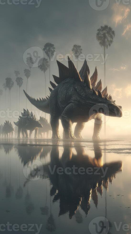 Dinosaur herd walking through misty landscape at dawn with reflections in water photo