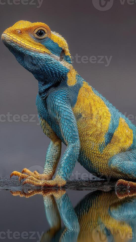 Colorful lizard perched on a rock displaying vibrant blue and yellow patterns under natural light photo