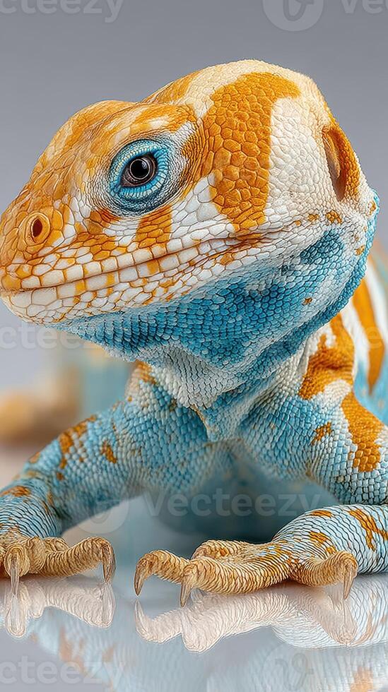 Colorful lizard with orange and blue patterns resting on a reflective surface in a studio setting during daylight photo