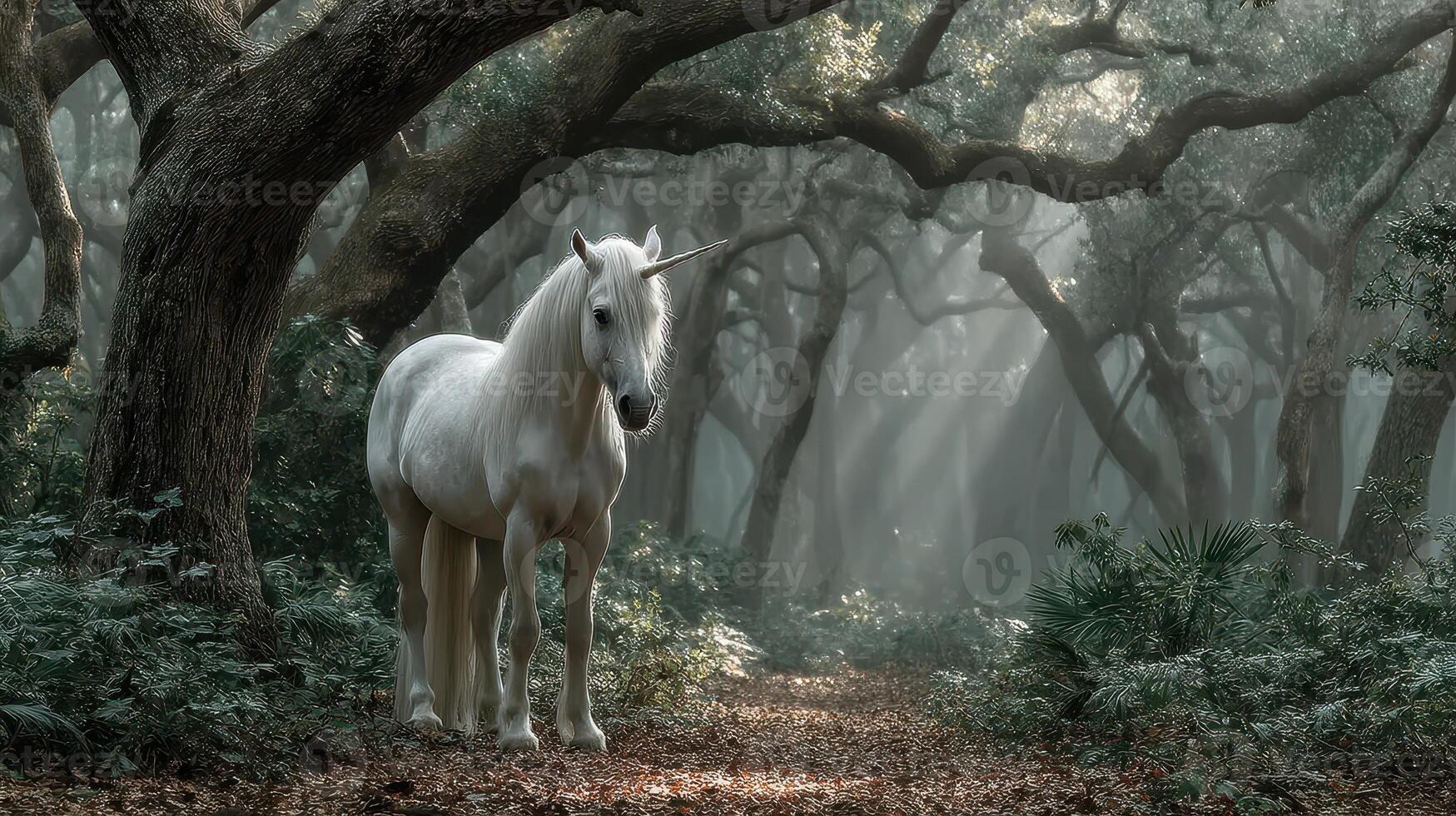 Mystical unicorn standing in an enchanted forest filled with ethereal light and ancient trees photo