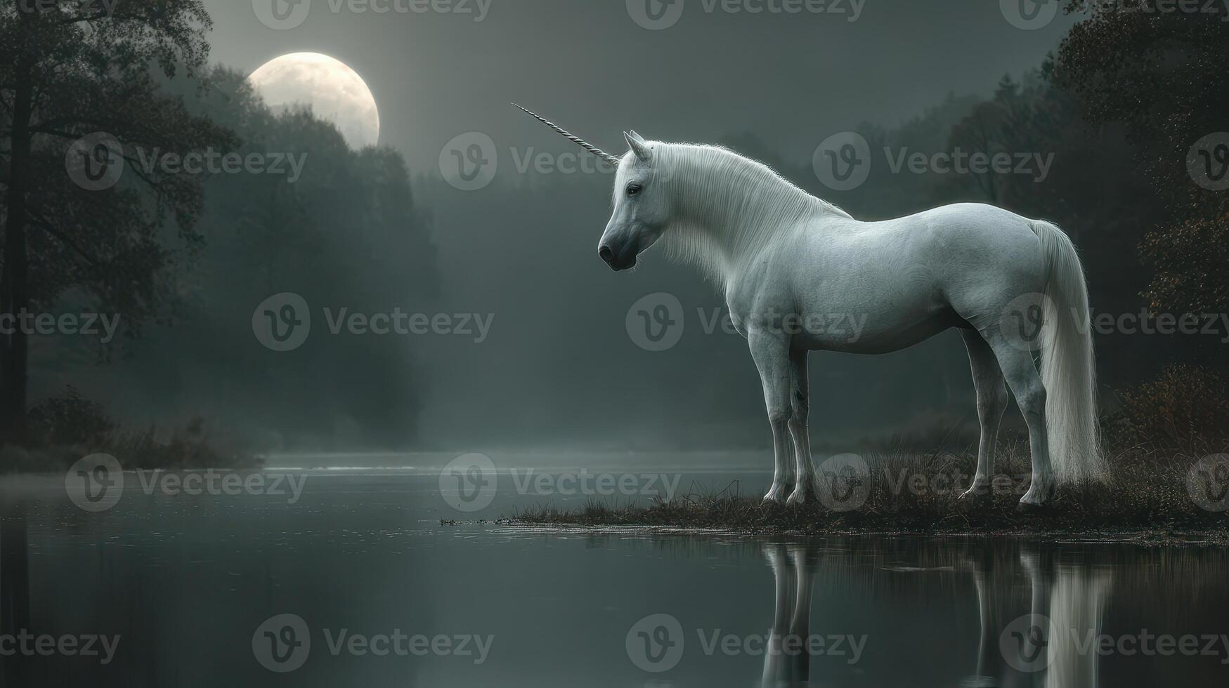 Majestic unicorn stands by a tranquil lake under a full moon in a misty forest at night photo