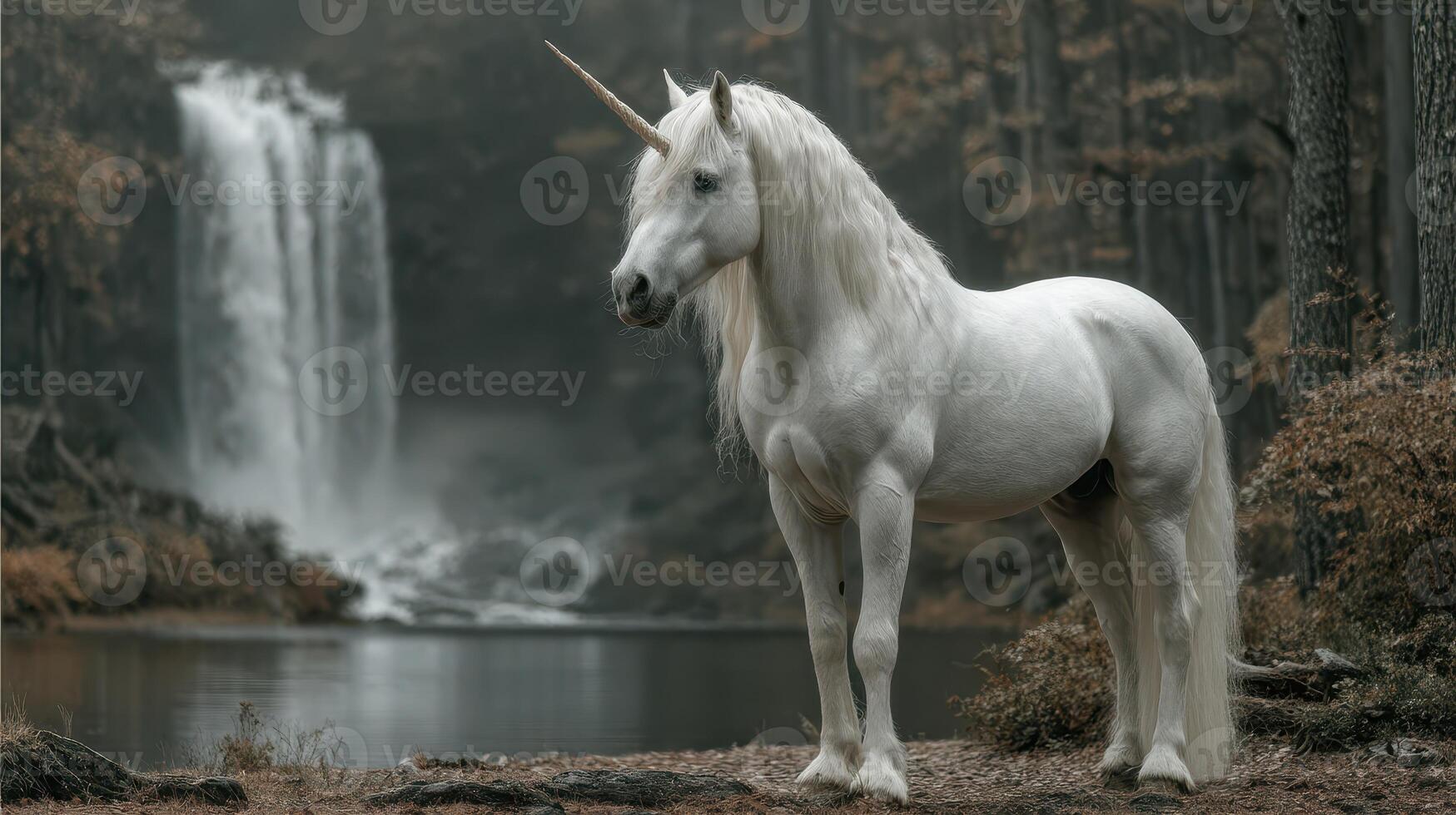 Majestic unicorn stands by waterfall in serene forest setting during golden hour photo