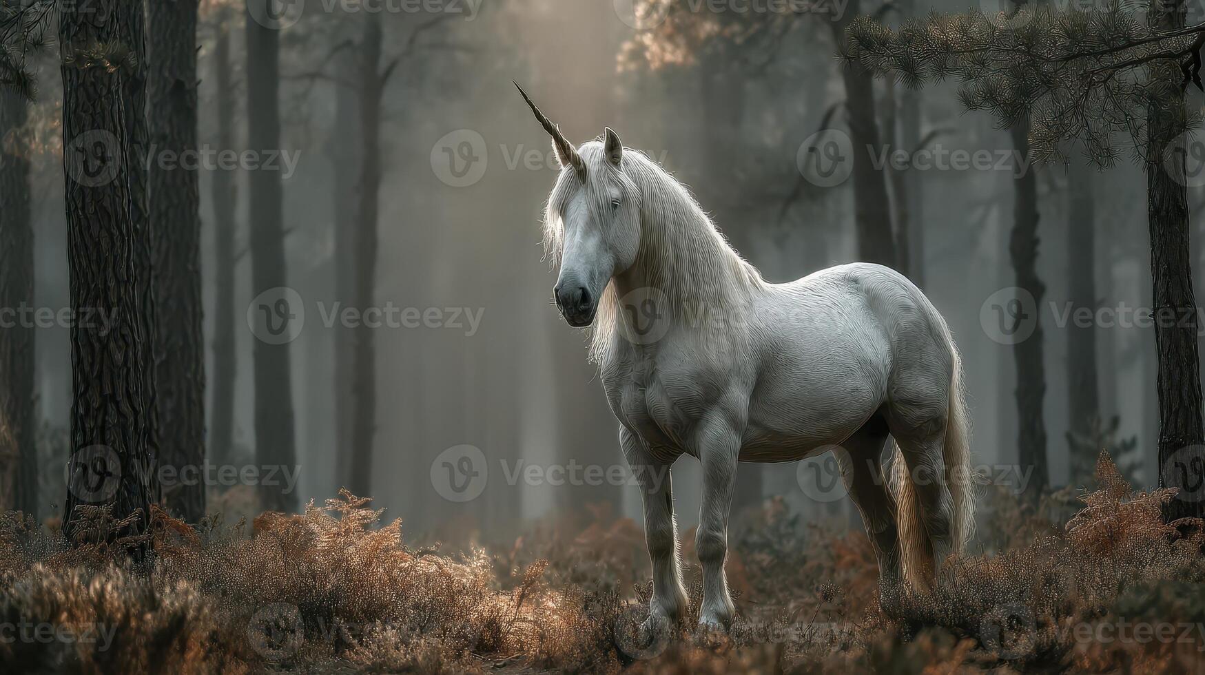 Majestic unicorn stands in a misty forest surrounded by tall trees and ferns during early morning light photo