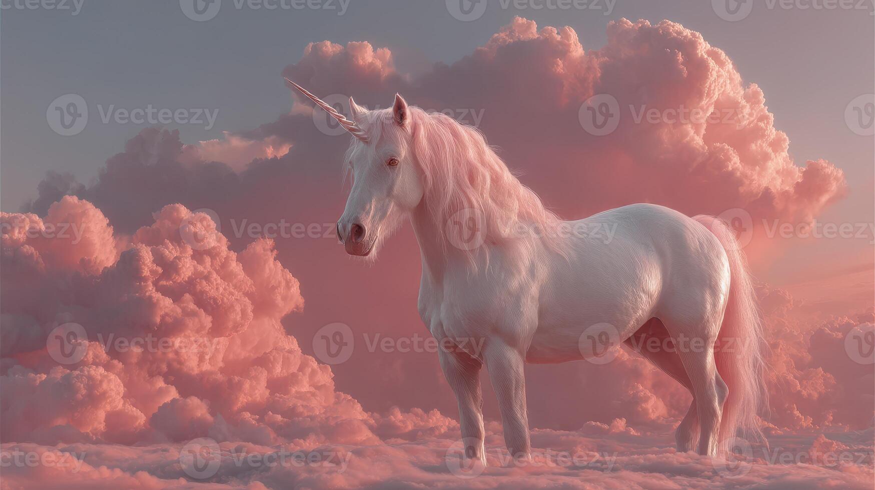 Enchanting unicorn standing majestically among fluffy pink clouds at sunset photo