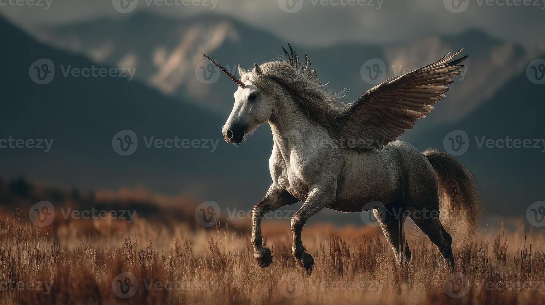 Majestic winged unicorn galloping through a tranquil field with mountains in the background during golden hour photo