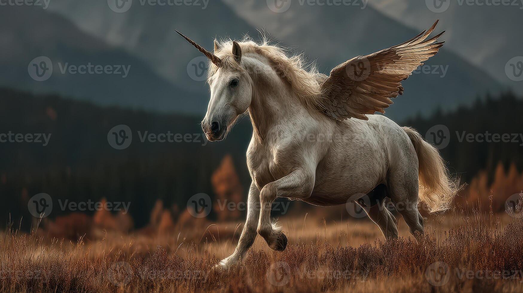 Majestic winged unicorn galloping through a sunlit meadow with mountains in the background during golden hour in the wilderness photo