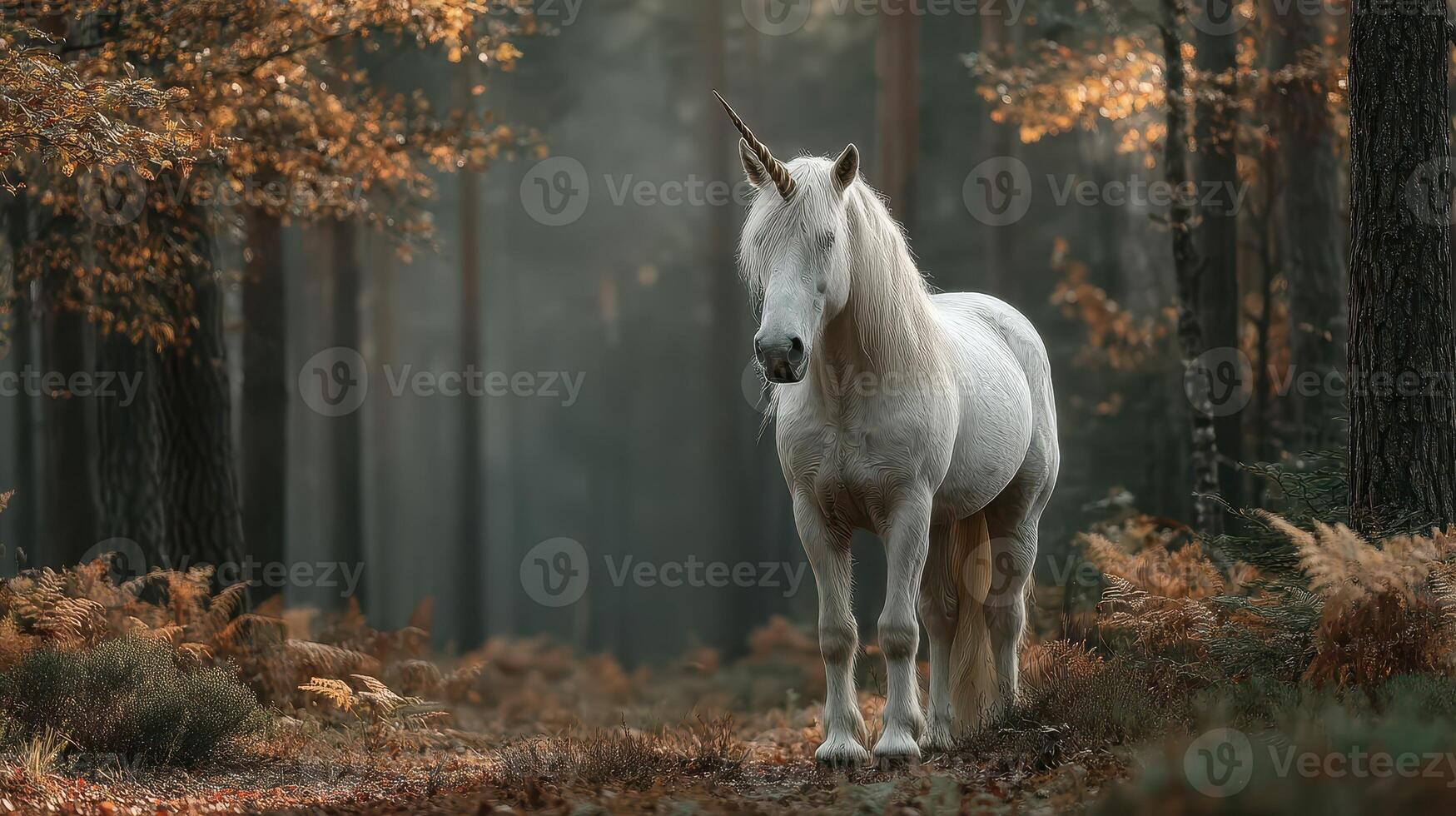 Majestic unicorn standing elegantly in a serene autumn forest during twilight photo
