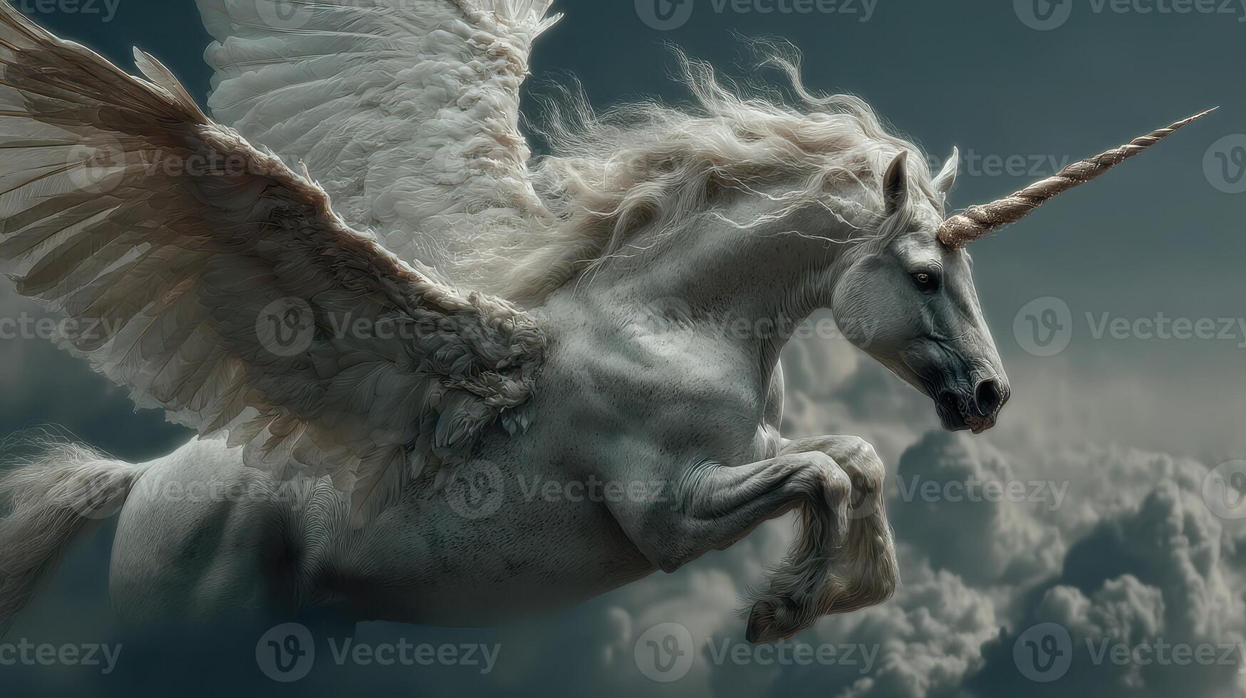 Majestic winged unicorn soaring through stormy clouds at twilight photo