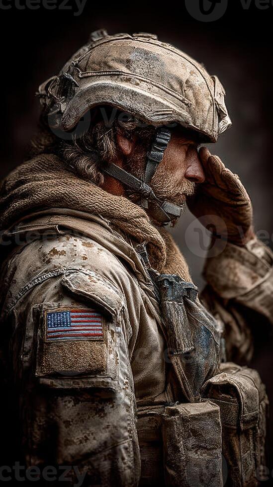 Soldier saluting with respect during a solemn moment in a dusty environment photo