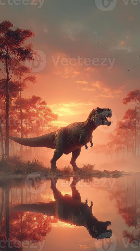 Tyrannosaurus rex standing by a reflective body of water at sunset in a prehistoric landscape photo