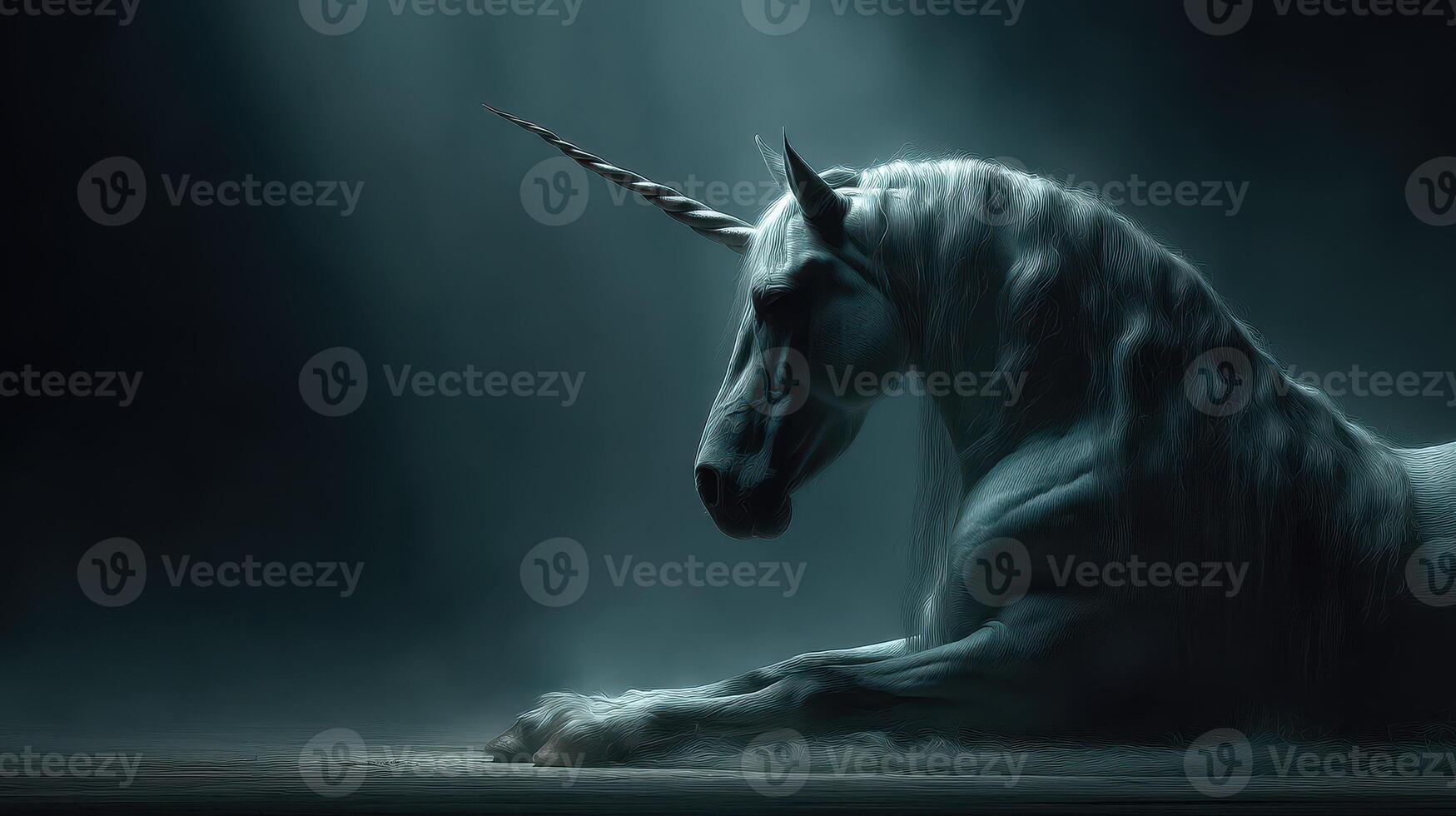 Majestic unicorn resting quietly in a mystical, dimly lit setting with soft shadows and beams of light photo