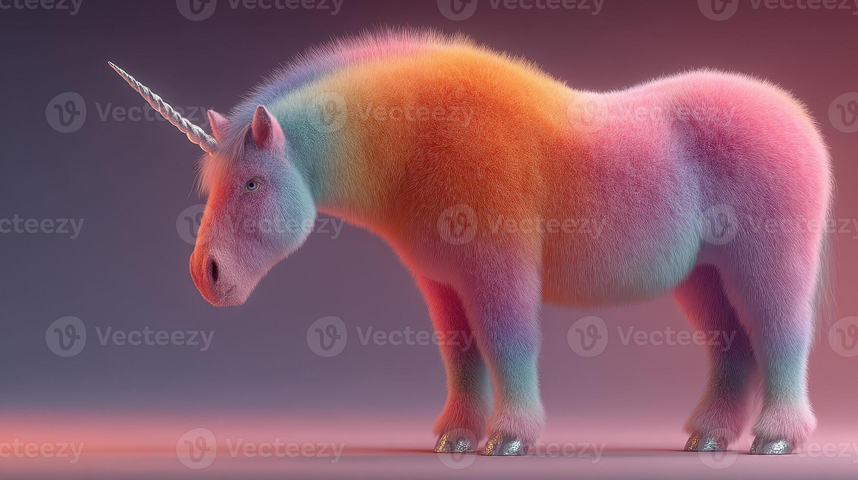 Colorful unicorn standing on a soft surface with a whimsical gradient of pastel hues in a playful ambiance photo