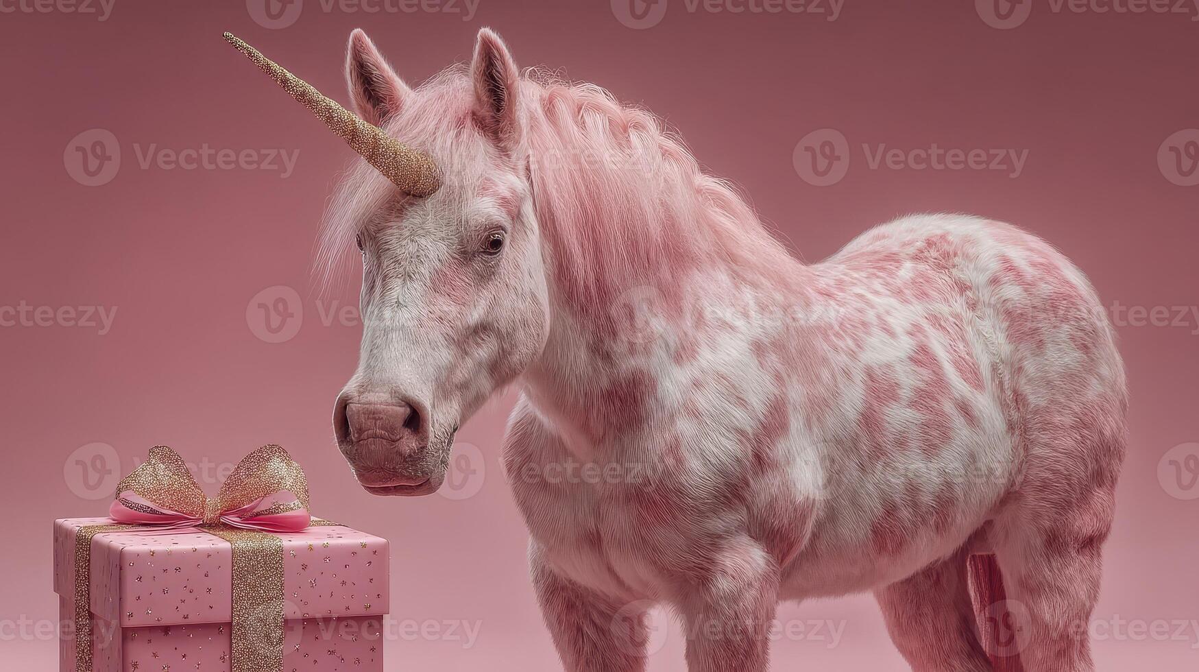 Unicorn with a pink coat standing next to a gift box in a whimsical studio setting photo