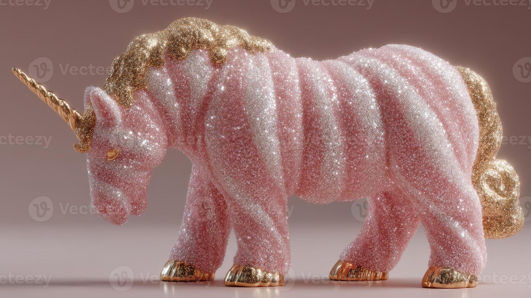 Sparkling pink unicorn figurine with golden accents showcased against a soft background in a studio setting photo