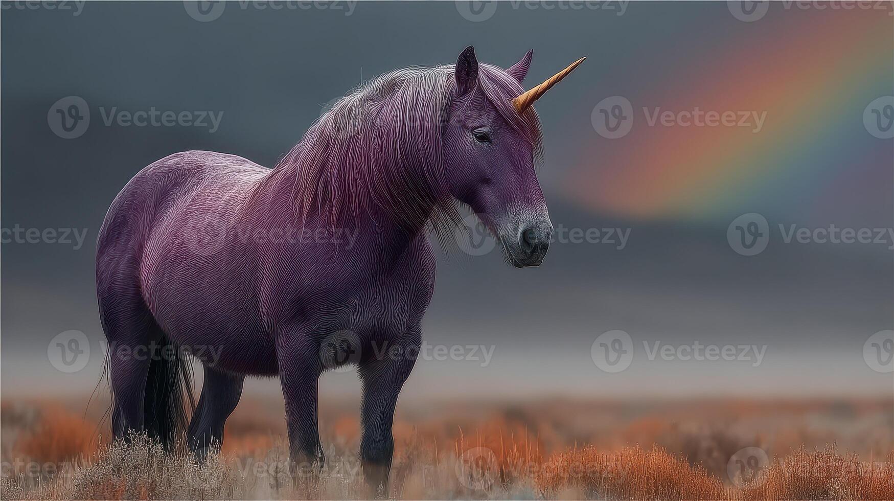 Magical purple unicorn standing in a misty landscape beneath a vibrant rainbow during twilight hours photo