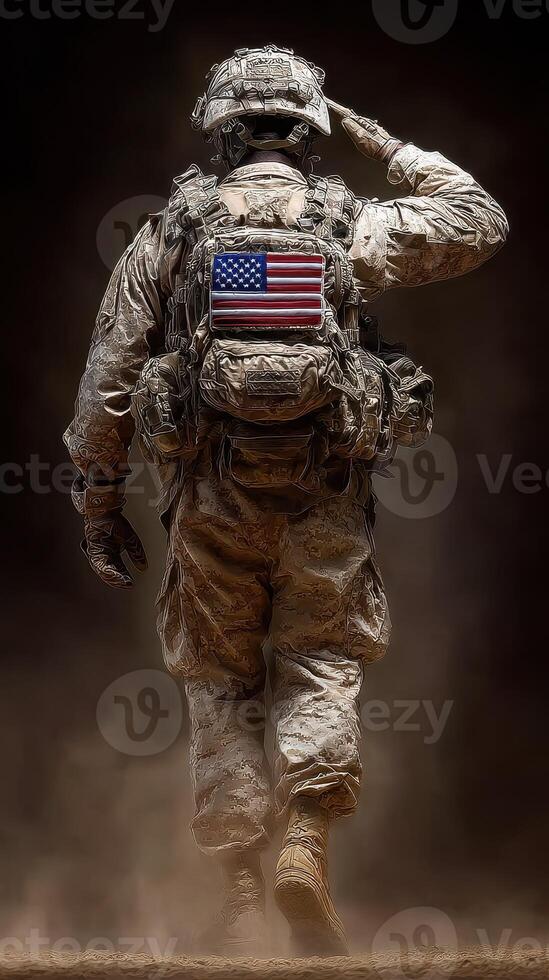 Soldier saluting with determination in a dusty environment under low light photo