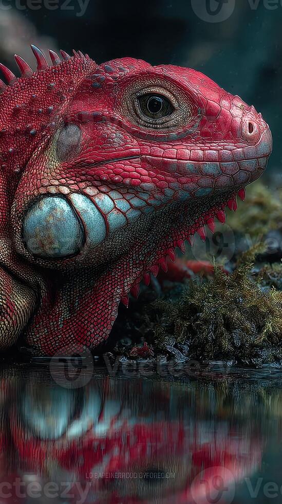 Close-up of vibrant red iguana resting near water at twilight, showcasing detailed textures and colors photo