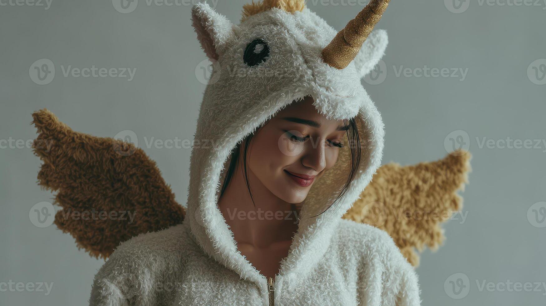 Cozy unicorn costume brings joy during a playful indoor moment in soft lighting photo