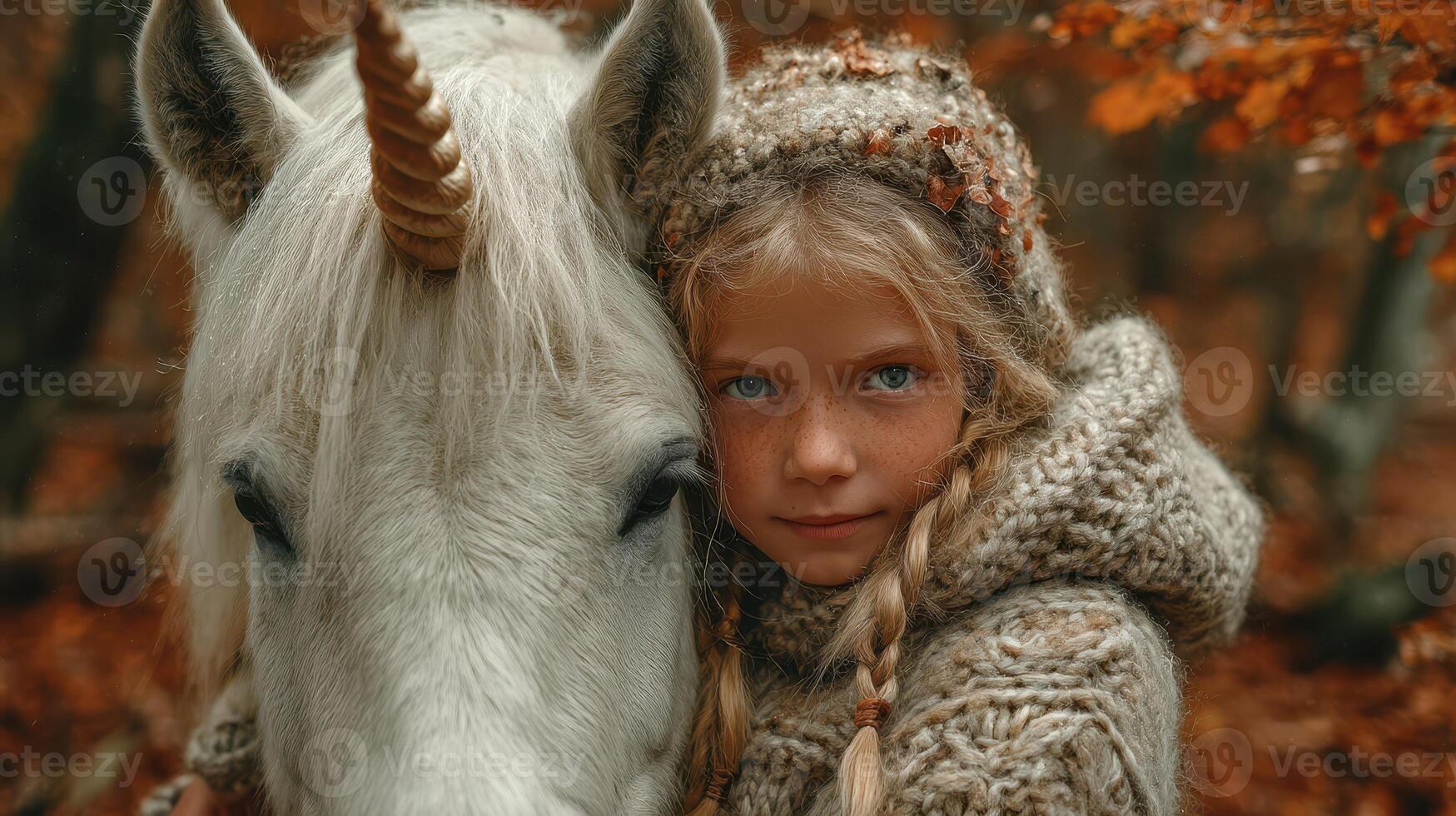 Girl cuddles unicorn in autumn forest with vibrant foliage during a serene afternoon photo