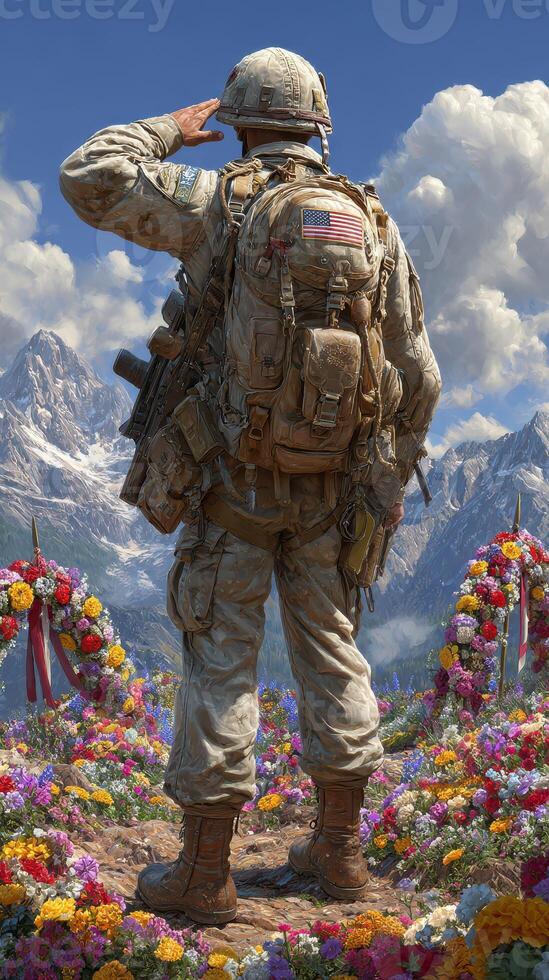 Soldier saluting in a scenic landscape with mountains and flowers during a memorial event photo