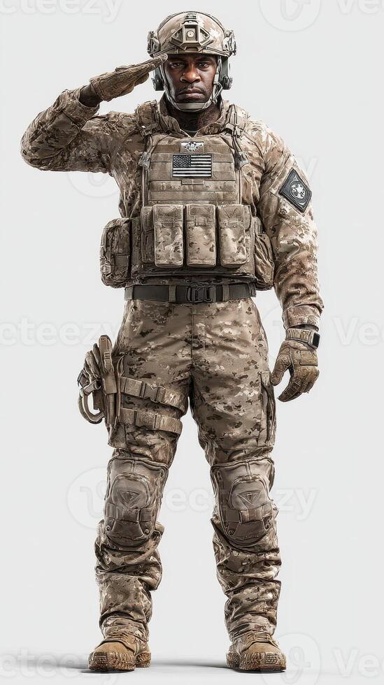 Soldier in tactical uniform saluting with pride in a neutral background setting photo