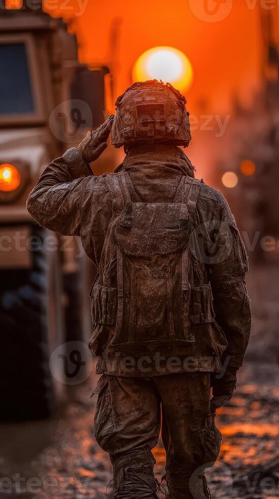 Soldier salutes at sunset during deployment in a military operation in a dusty environment photo
