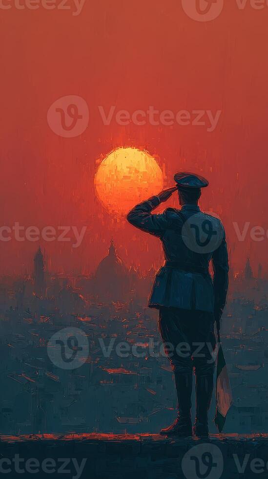 Soldier saluting at sunset over a city skyline with a vibrant red sky photo