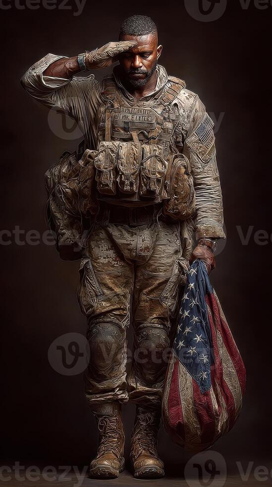 Soldier saluting with American flag in hand, honoring service and sacrifice in a powerful display of patriotism photo