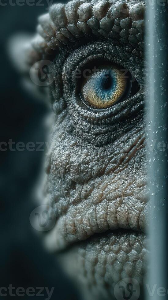 Close-up view of a detailed reptilian eye showcasing intricate textures and colors in a dramatic lighting setting photo