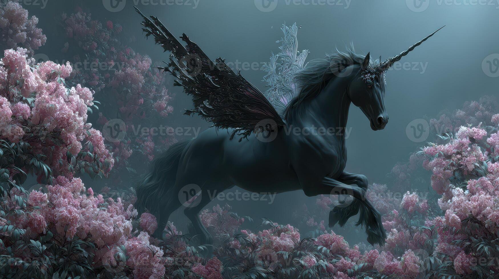 Black unicorn with wings frolics among pink blossoms in a mystical forest setting photo
