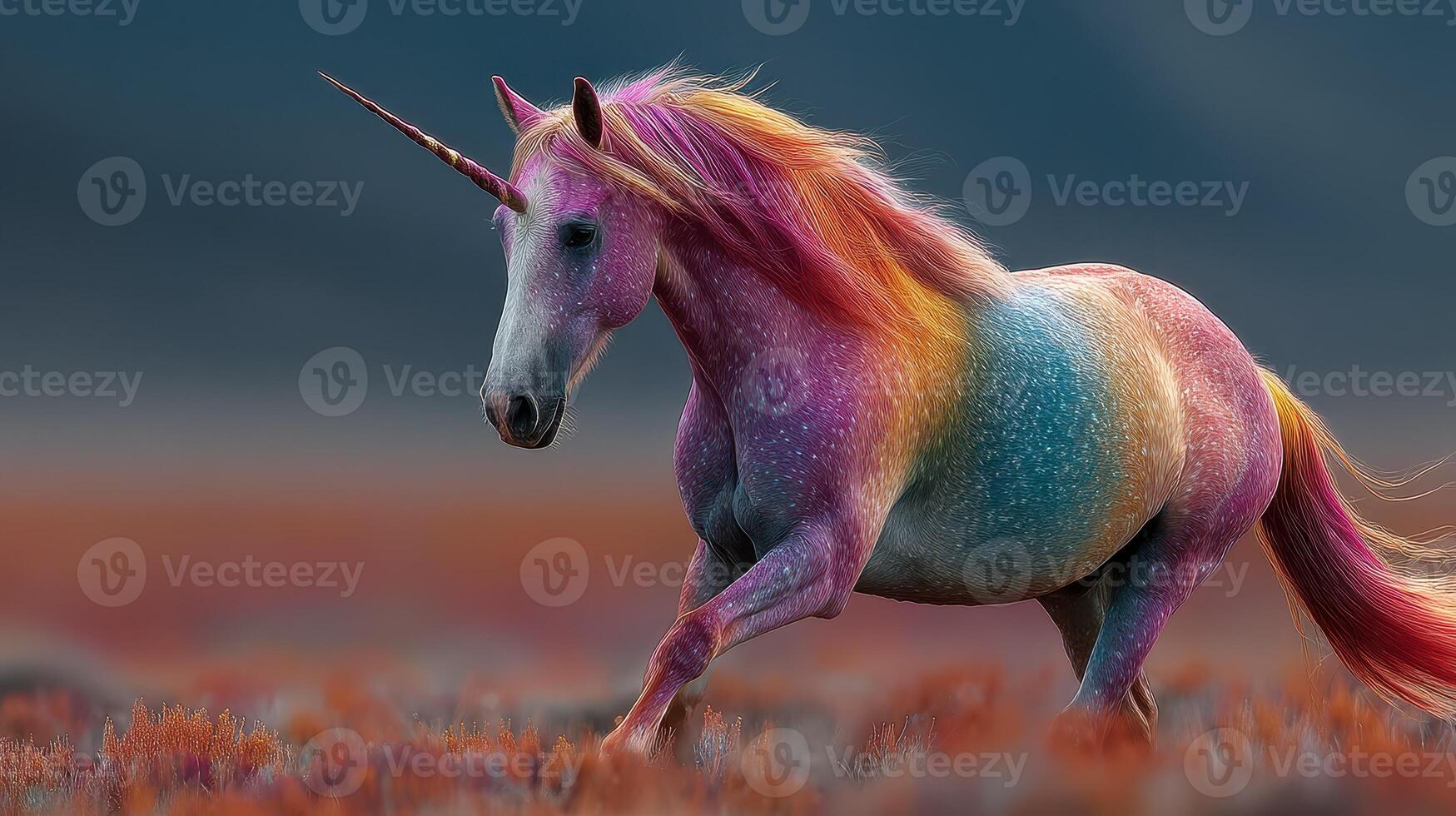 Colorful unicorn prances through vibrant meadow at sunset with glowing hues and striking presence photo