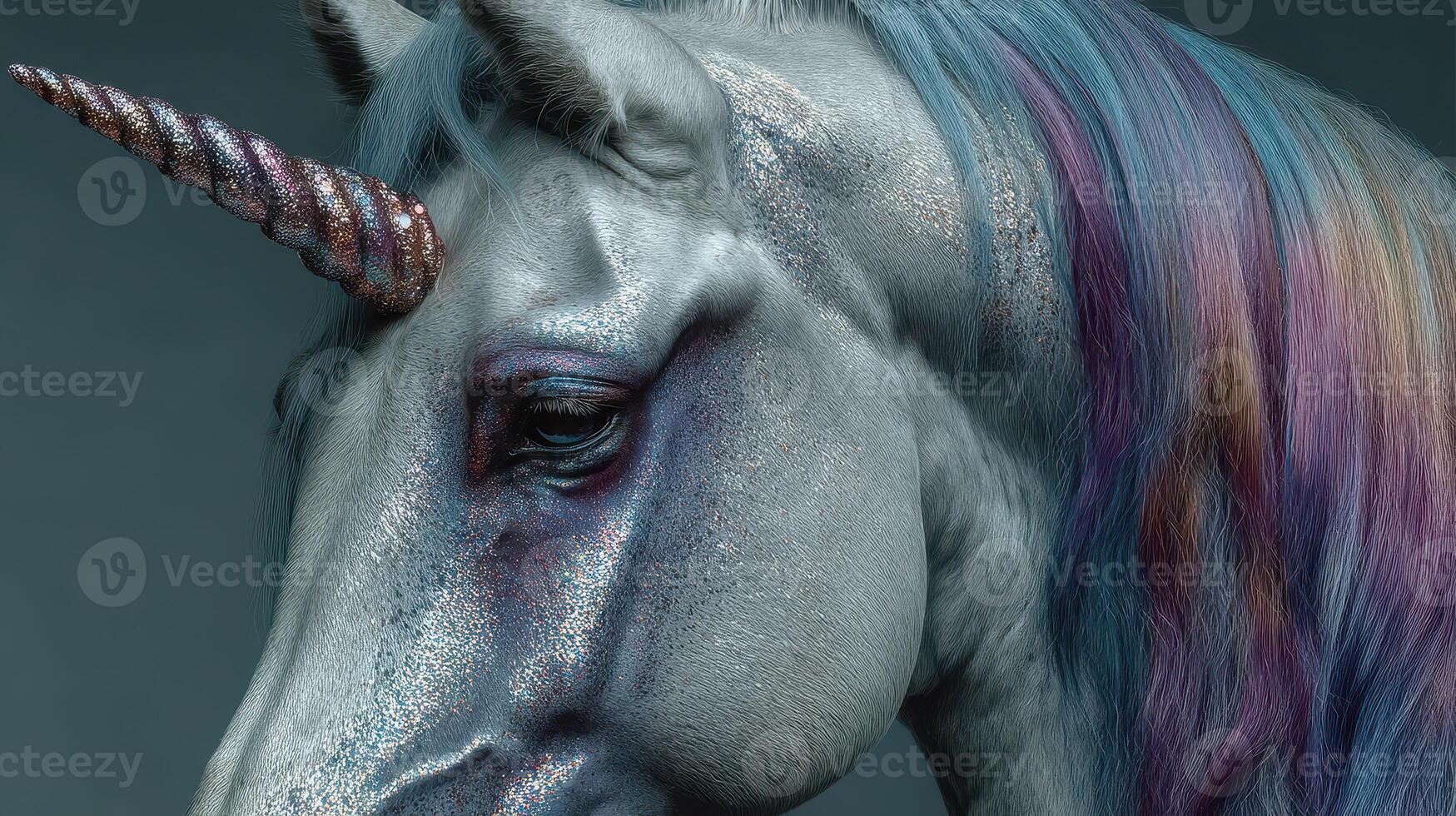 Majestic unicorn with shimmering mane and sparkling horn in a fantastical portrait photo