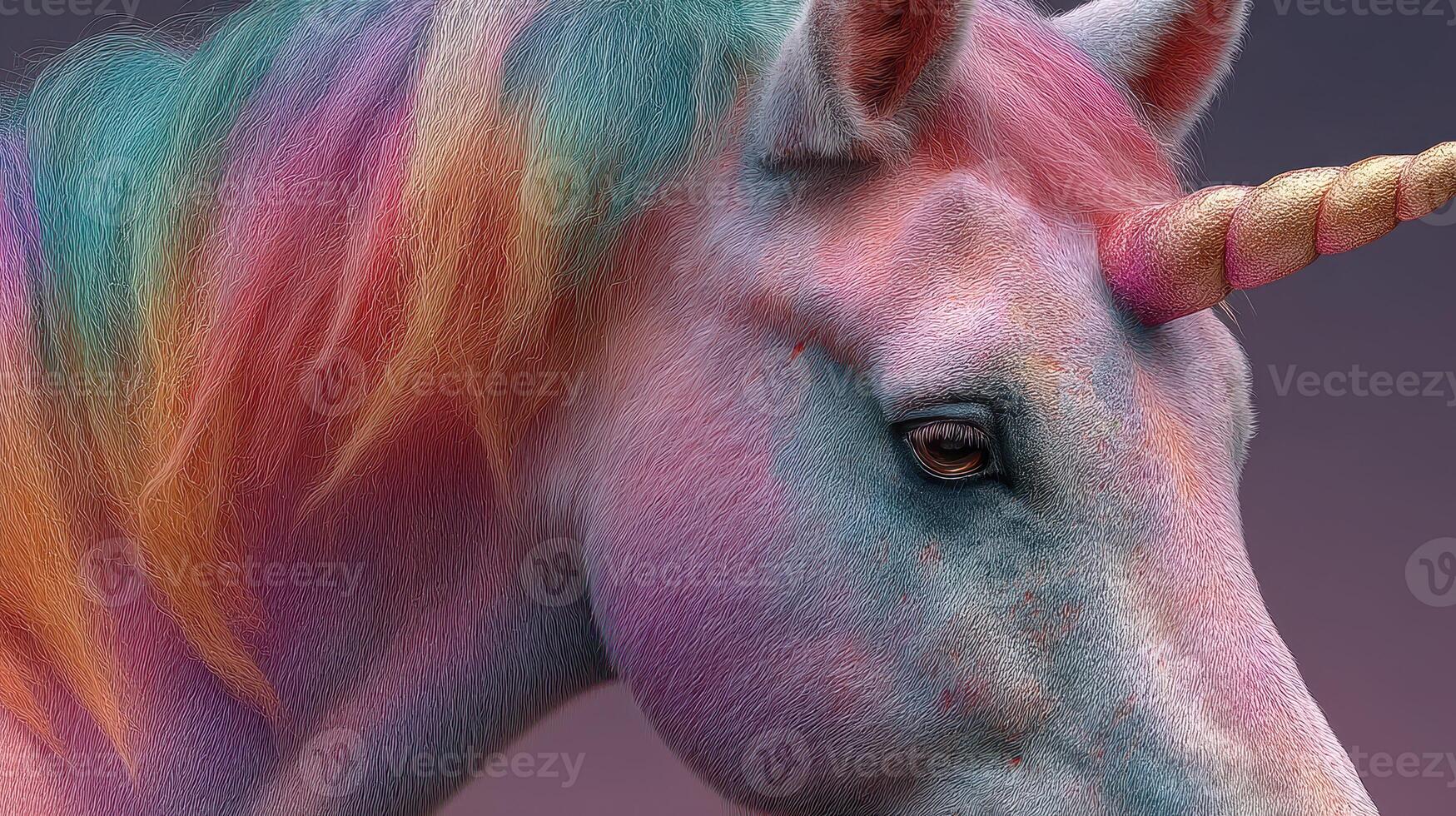 Colorful unicorn with a shimmering horn standing against a soft, gradient background during twilight hours photo
