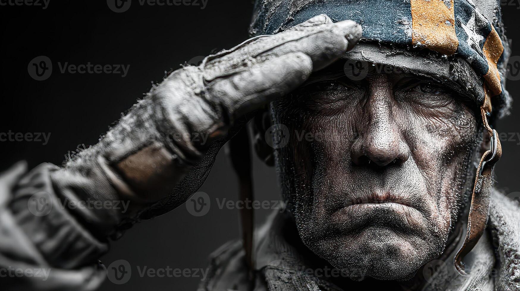 Soldier saluting with respect and dedication in a darkened environment photo