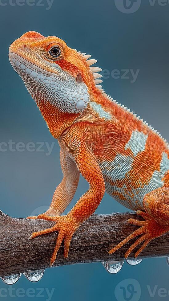 Colorful lizard perched on a branch with water droplets on a calm background in nature photo