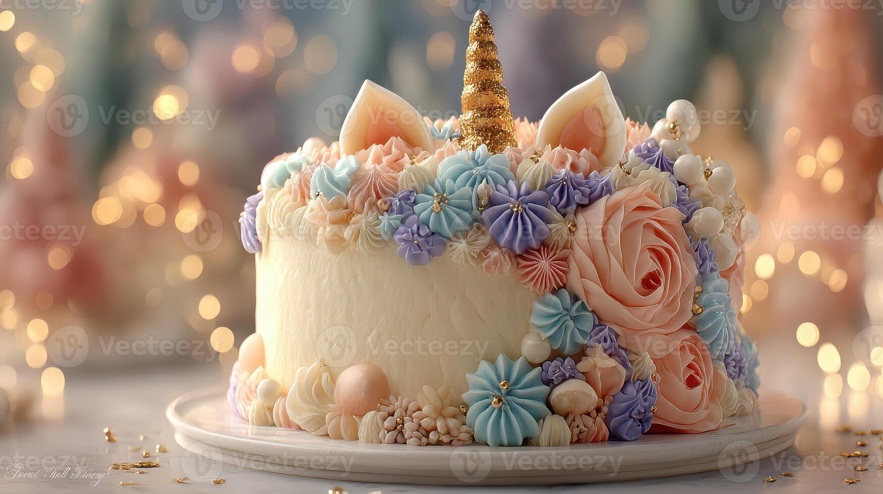 Delicate unicorn cake adorned with colorful decorations and shimmering lights for a festive celebration photo