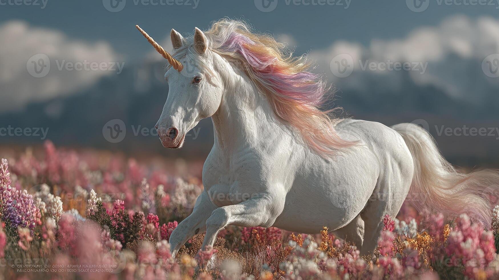 Majestic unicorn galloping through colorful wildflower meadow with mountains in the background during bright daylight photo