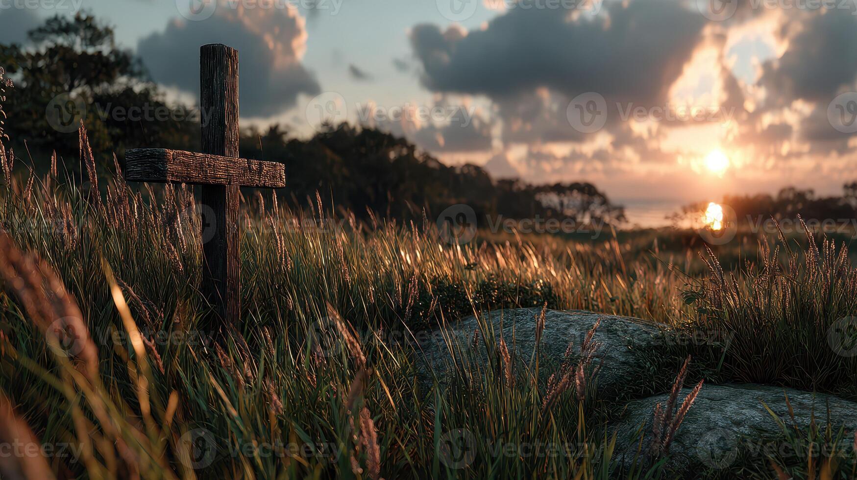 Sunset over a serene landscape with a wooden cross near the coast and gentle waves in the background photo