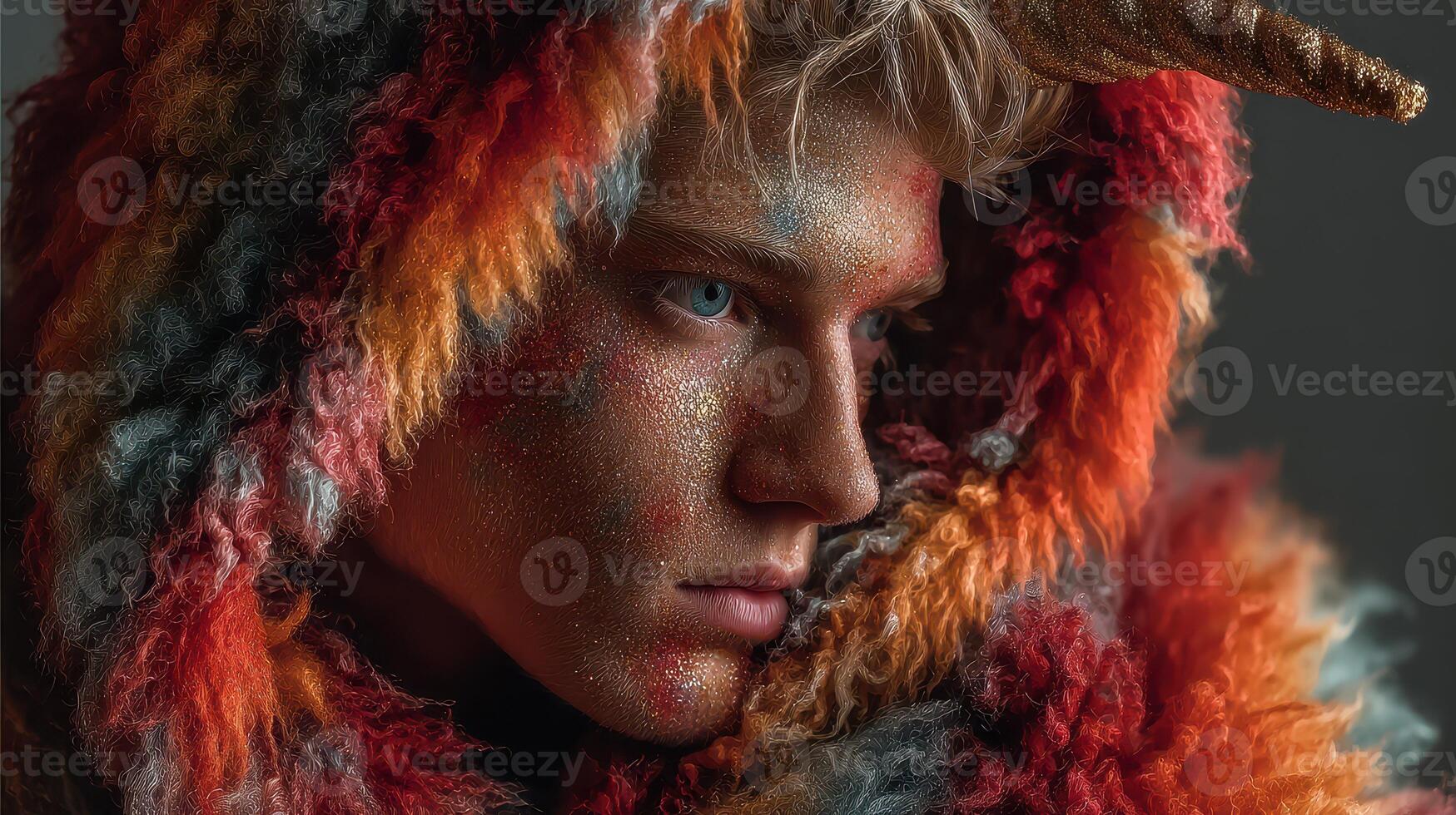 Creative portrait of a young individual in an elaborate costume with colorful textures and unique makeup photo