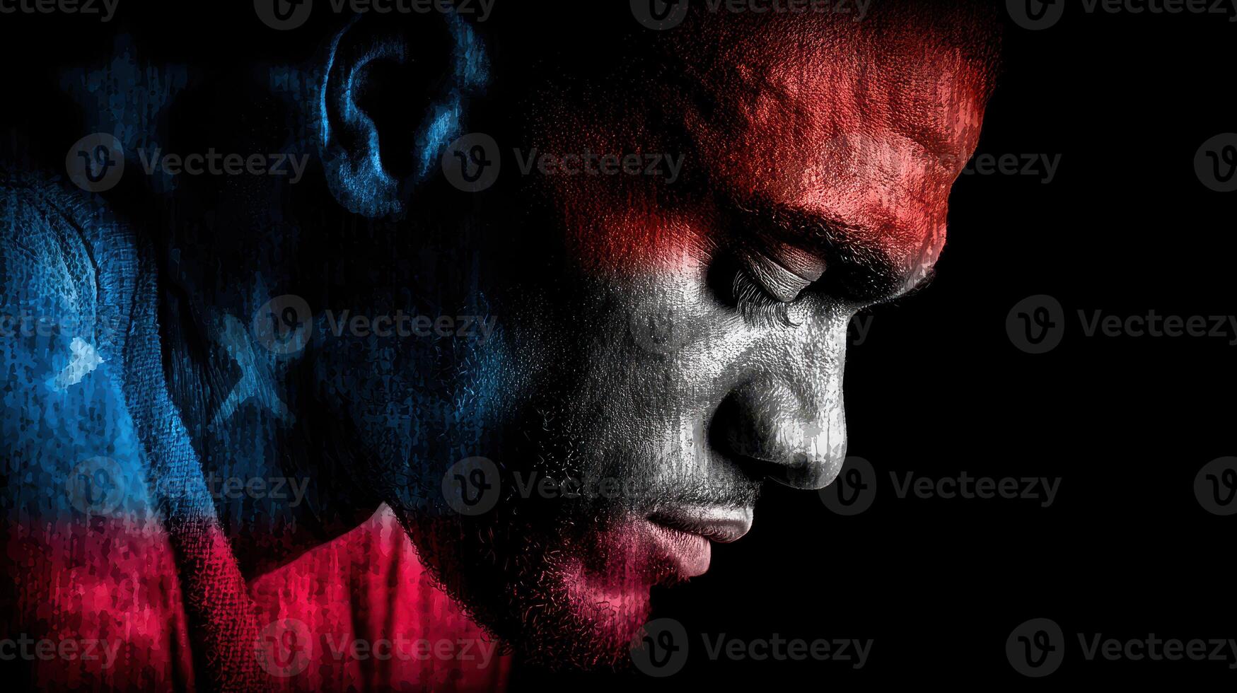 Portrait of a man with an artistic depiction of the American flag, reflecting determination and strength photo