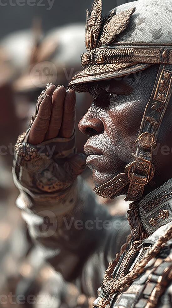 Military soldier in uniform saluting during ceremonial event in an outdoor setting photo