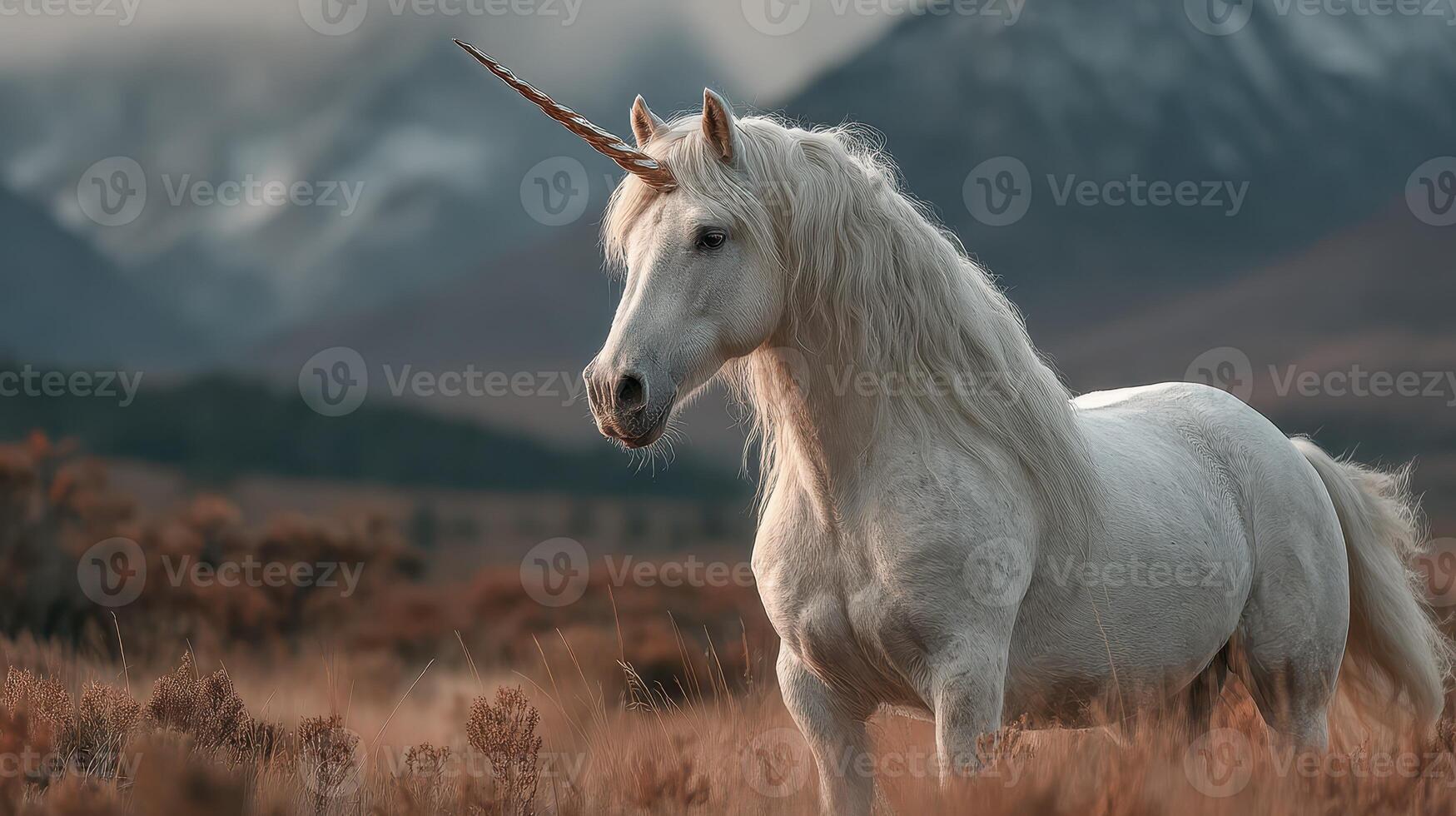 Majestic unicorn standing in a tranquil meadow with mountains in the background during late afternoon light photo