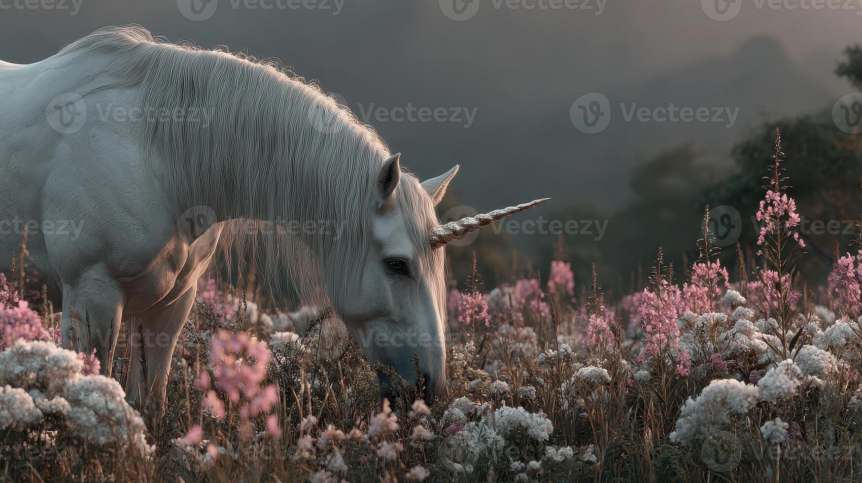 Majestic unicorn grazing in a flower-filled meadow during twilight in a serene natural landscape photo