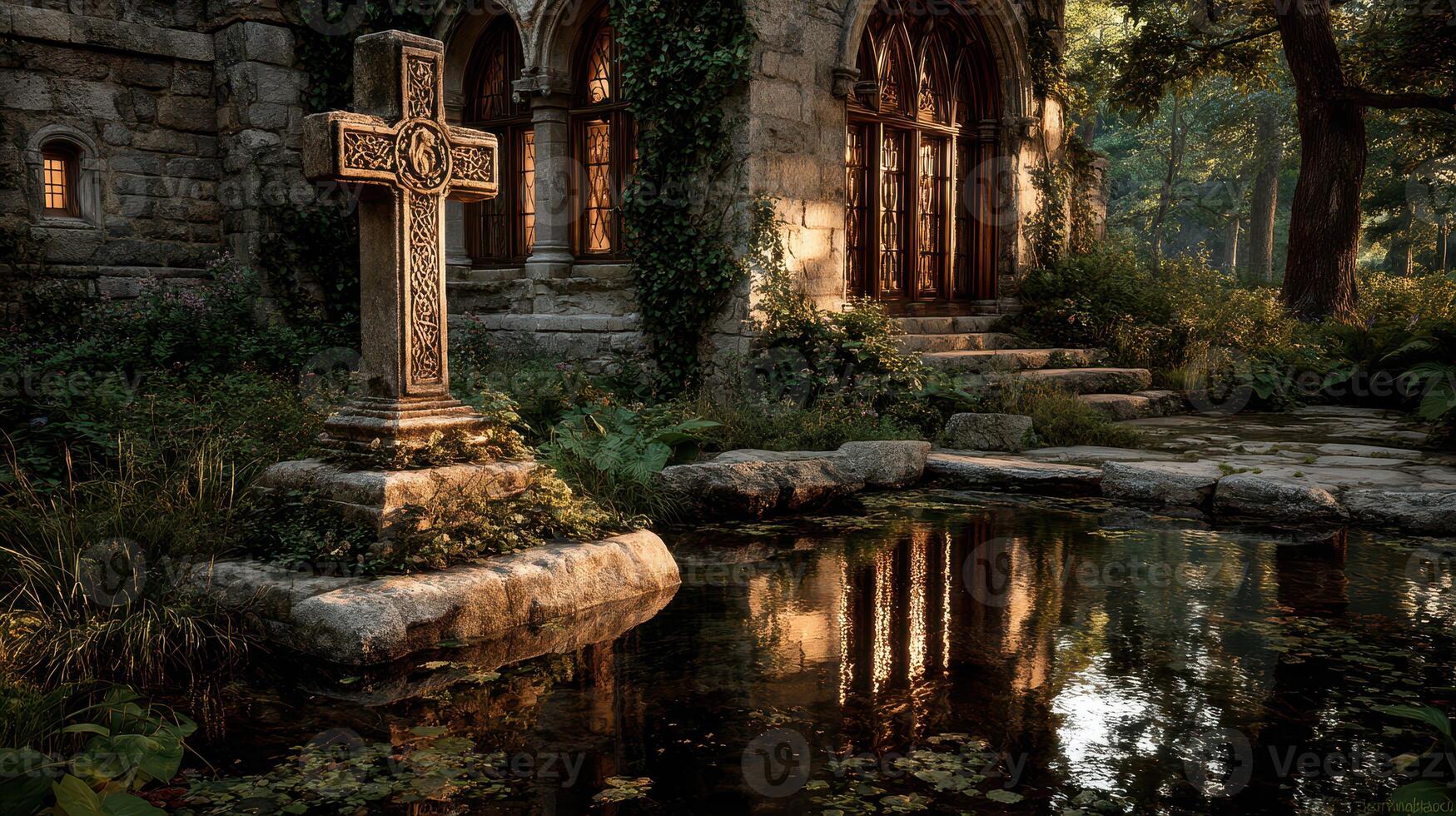 Cross stands near tranquil pond beside ancient stone building surrounded by lush greenery in the golden hour photo
