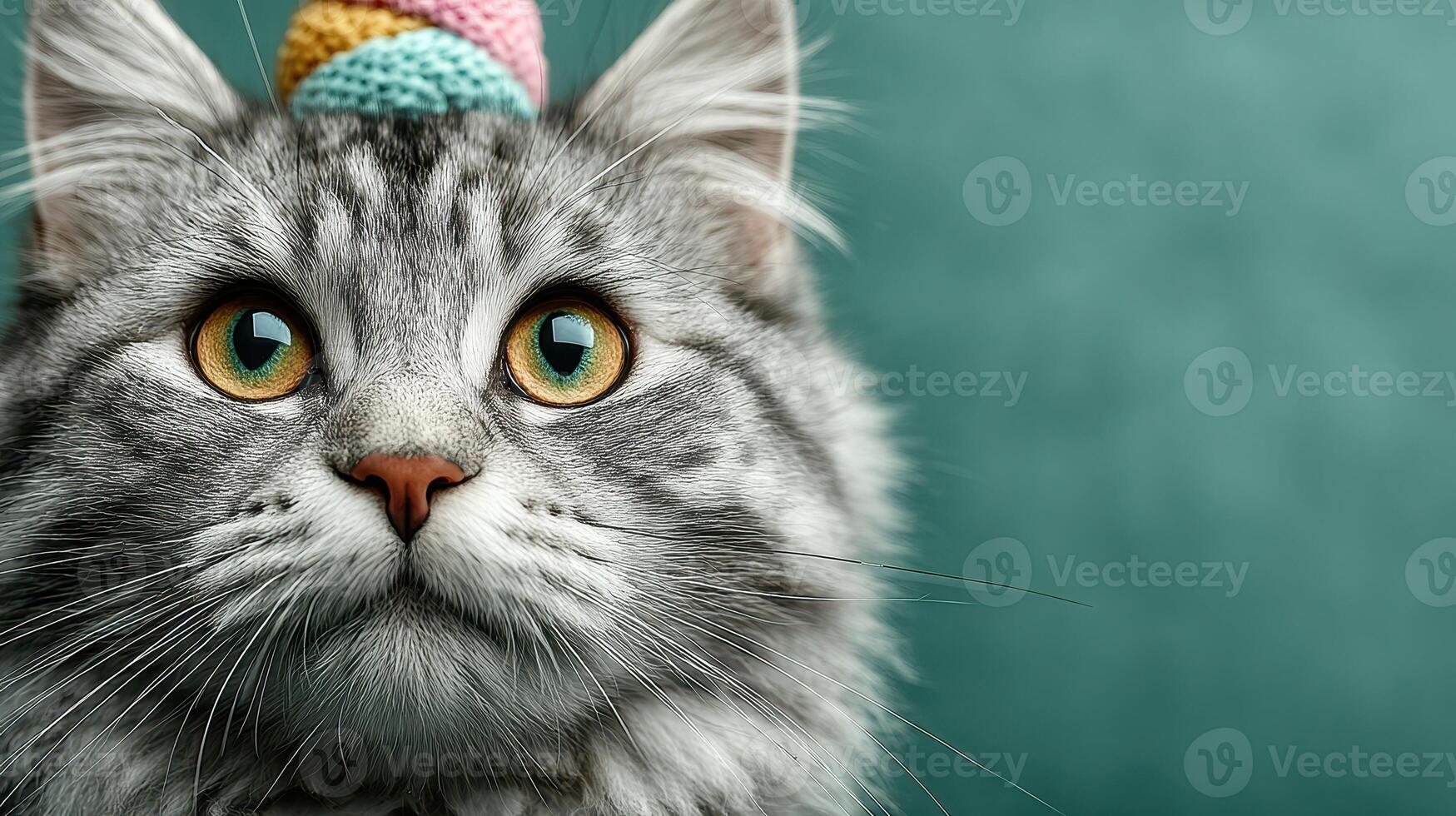 Fluffy gray cat wearing a colorful knitted hat sits against a soft teal background capturing playful curiosity photo