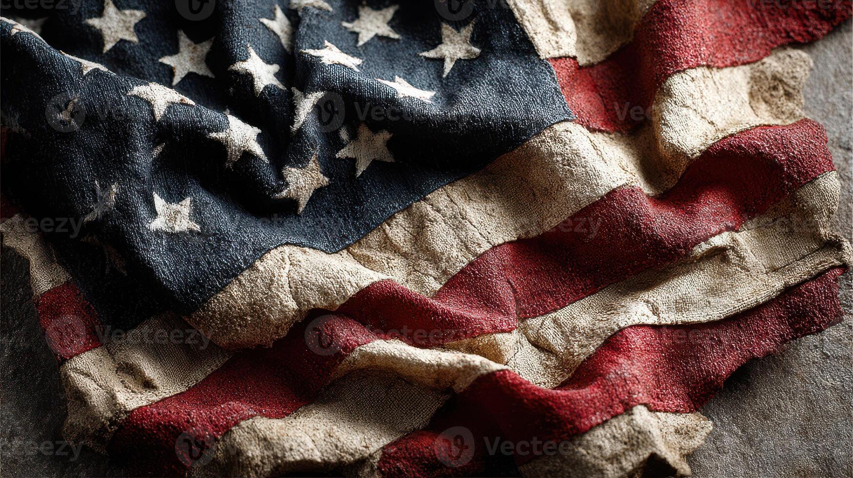 Old American flag draped on a textured surface showcasing its vintage and worn appearance photo