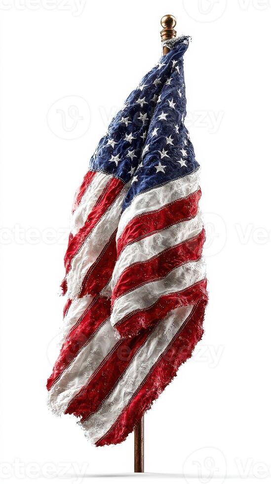 Worn American flag draped over a wooden pole in a studio setting showcasing patriotism and history photo