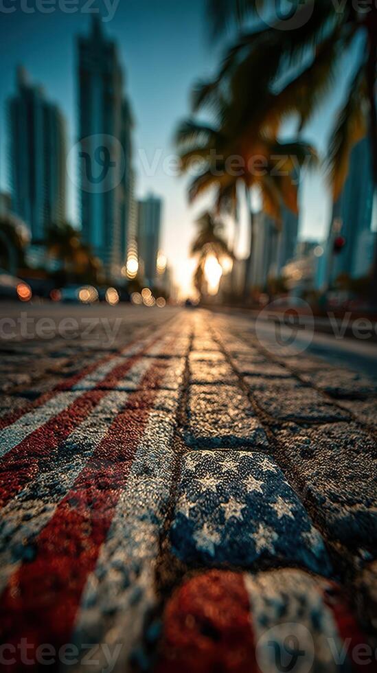 Colorful street view with American flag design on pavement near tall buildings under sunset in urban setting photo